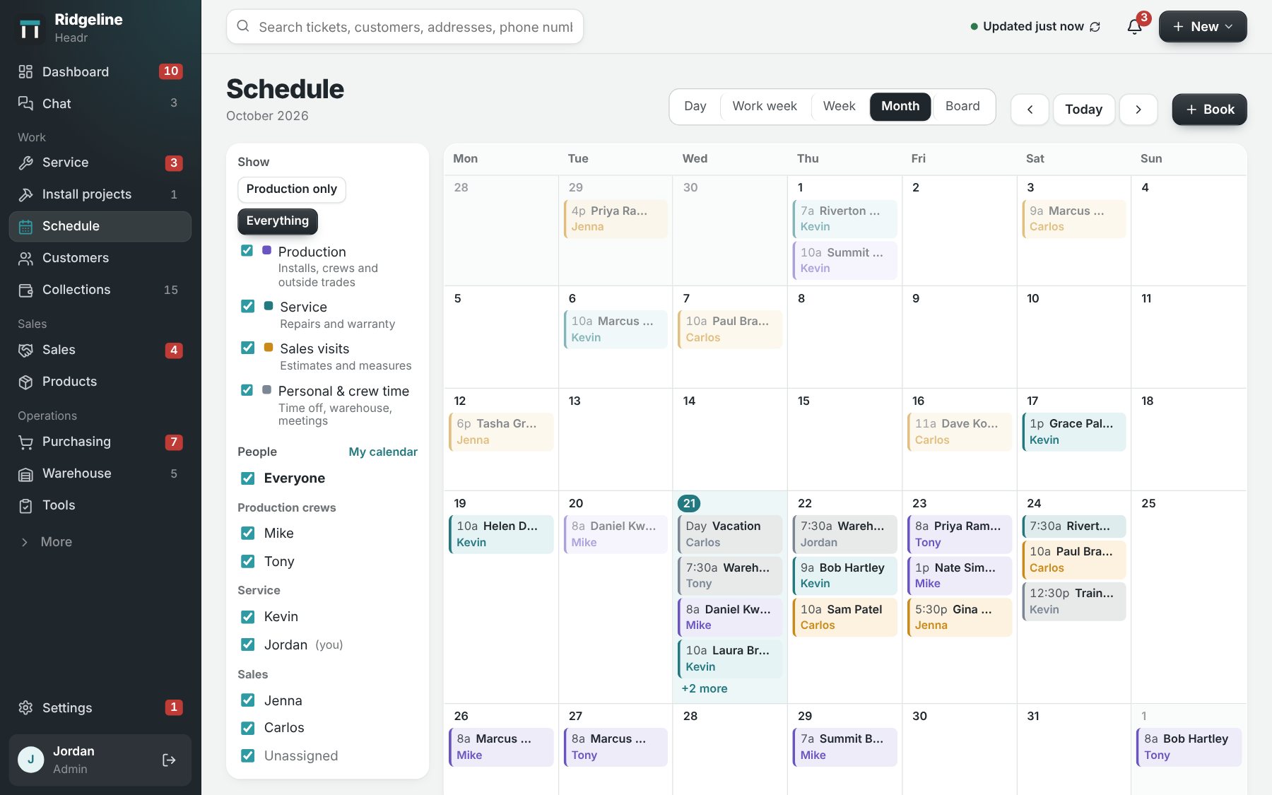 The Headr schedule in month view, color-coded for production, service, sales visits and crew time, with a list of crews and people to show.