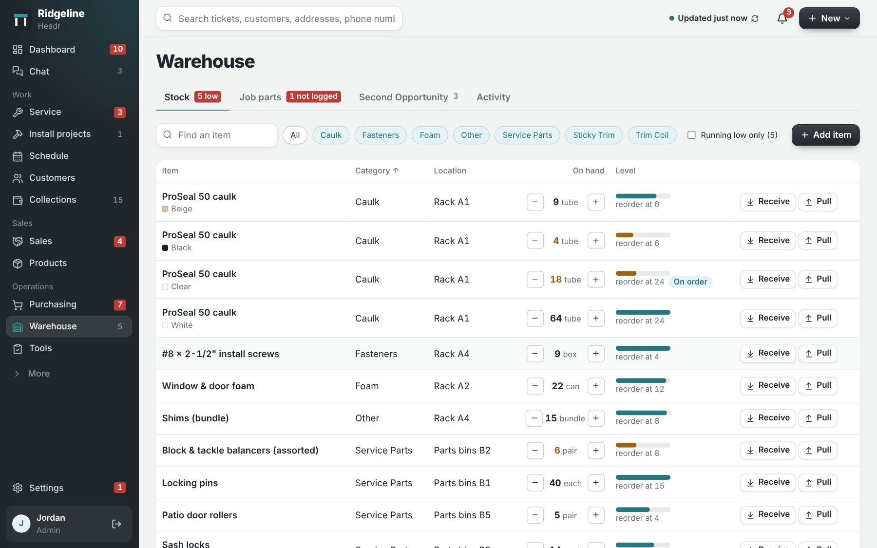 The warehouse page: caulk, fasteners, foam and service parts with how many are on hand, where they're kept, and when to reorder.